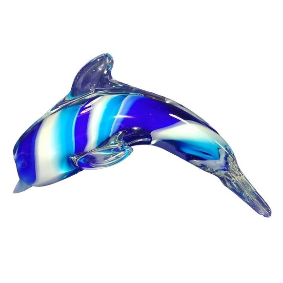 Paperweight Dolphin Art Glass Blue White Hand Made 6"